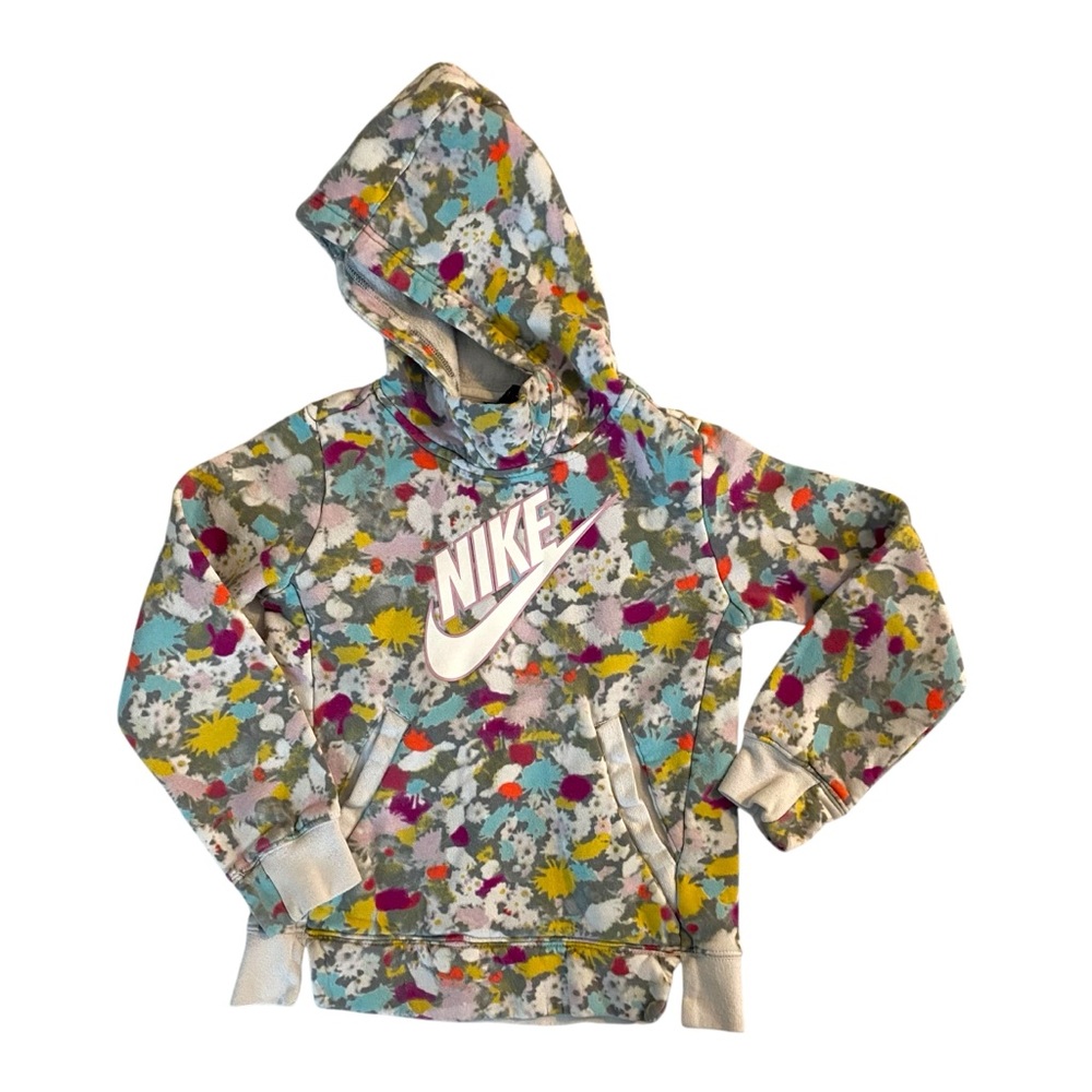 NIkE Sweatshirt Hoodie Print Pullover Cotton Floral White Pink Top Long Sleeve